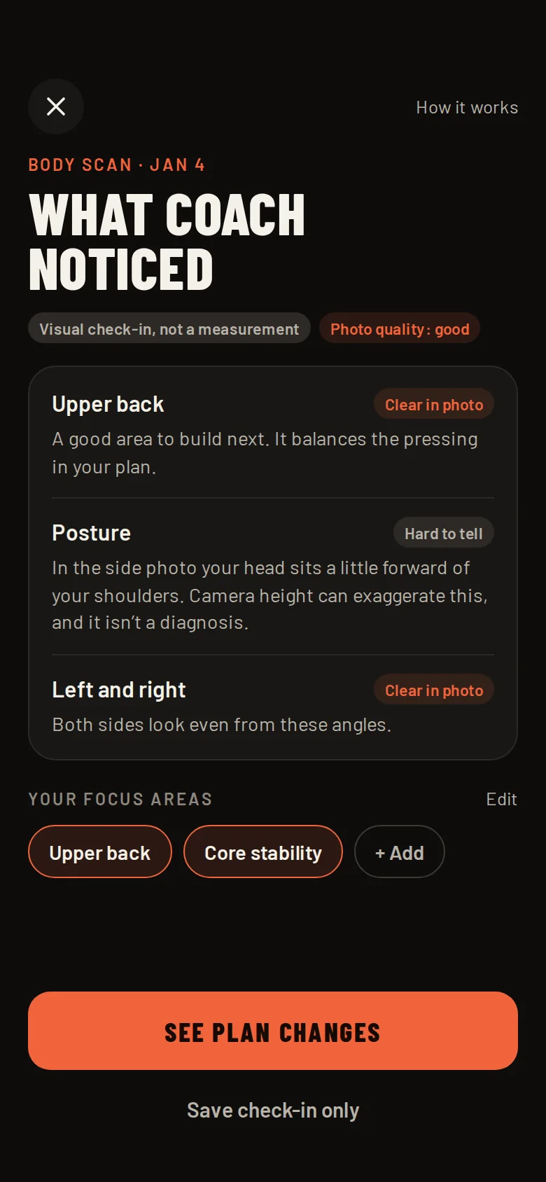 Body Scan results titled What Coach noticed: upper back as a focus area, a posture note marked hard to tell, and even left and right sides