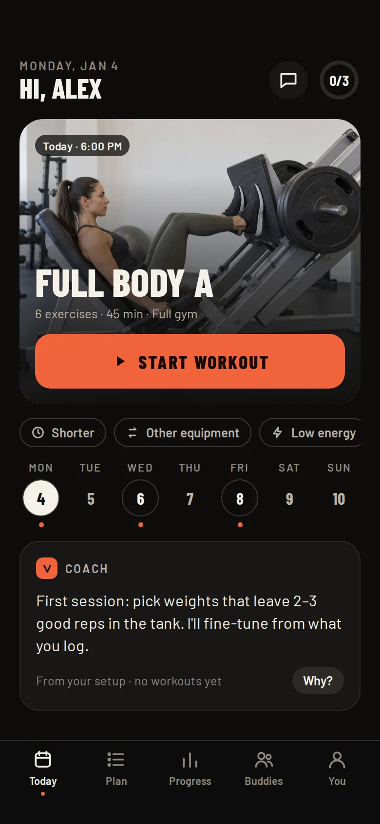 Veryvo Today screen: Full Body A workout ready to start, options to make it shorter or use other equipment, and a coach tip